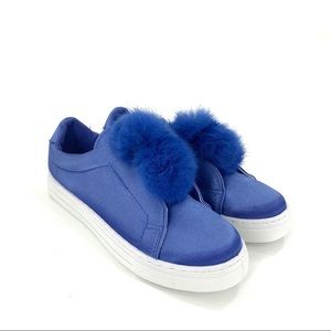 Qupid Blue Satin Pom Pom Fur Sneaker Shoes